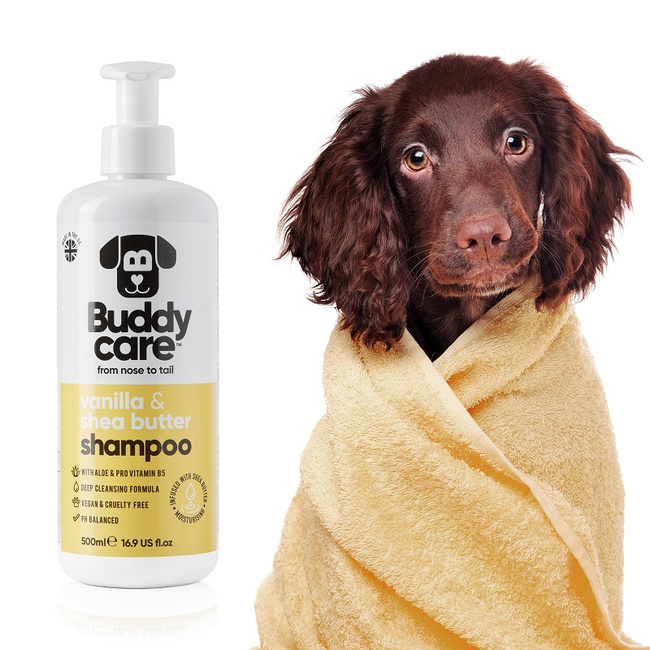 BUDDYCARE Szampon dla psów nawilżający, Wanilia i masło shea z aloesem i prowitaminą B5, 500 ml