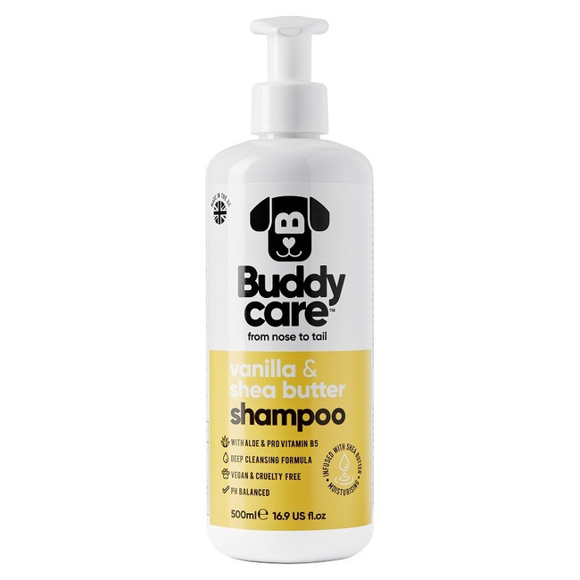 BUDDYCARE Szampon dla psów nawilżający, Wanilia i masło shea z aloesem i prowitaminą B5, 500 ml